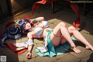 A woman in a bikini laying on the ground.