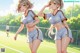 A couple of girls standing on top of a tennis court.